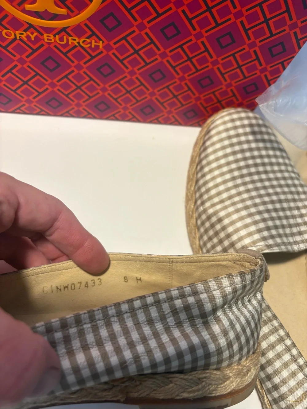 Stuart Weitzman Tan and White Gingham Espadrille Flats